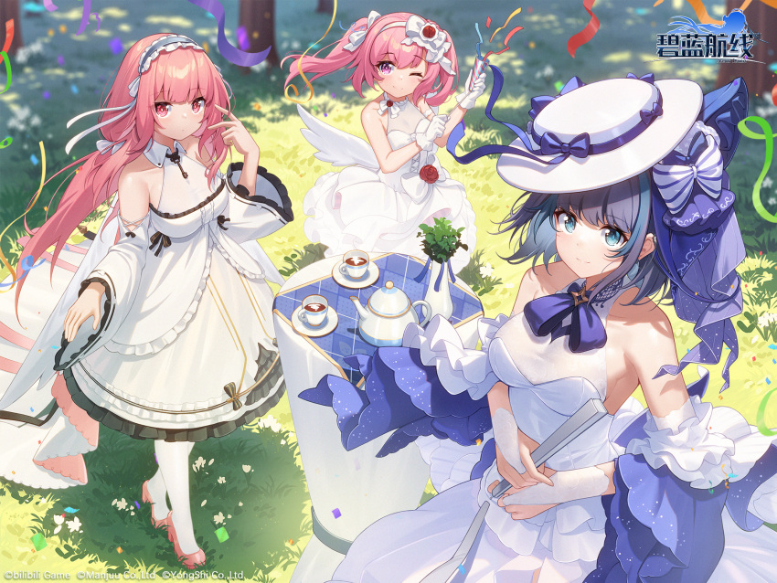 3girls artist_request azur_lane bare_shoulders black_ribbon bow bridal_gauntlets cheshire_(azur_lane) cheshire_(the_cat_and_the_white_steed)_(azur_lane) collarbone copyright cup dress flower frilled_hairband frills grass hairband hand_fan hat hat_bow highres holding holding_fan holding_party_popper jewelry key_necklace logo long_hair multicolored_hair multiple_girls necklace official_alternate_costume official_art one_eye_closed perseus_(azur_lane) pink_eyes pink_footwear pink_hair purple_bow purple_ribbon red_flower red_rose ribbon rose saratoga_(azur_lane) saratoga_(ring_the_bell_of_joy)_(azur_lane) short_hair sleeveless sleeveless_dress streaked_hair striped striped_bow tea teacup teapot white_bow white_dress white_headwear wide_sleeves