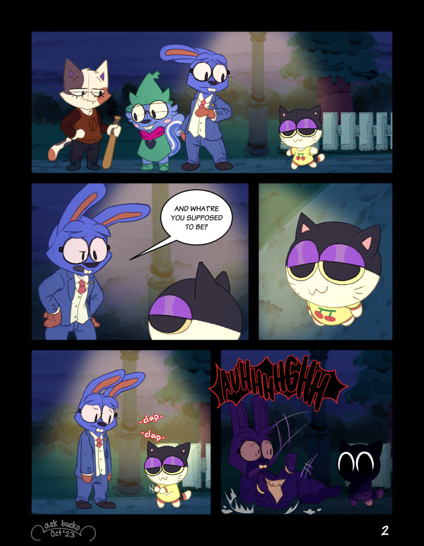 animal_crossing blue_body blue_fur clothed clothing comic costume doc_(animal_crossing) eyewear filbert_(animal_crossing) fur glasses hair halloween hi_res holidays nintendo nutty_bo punchy punchy_(animal_crossing) purrl_(animal_crossing) speech_bubble text