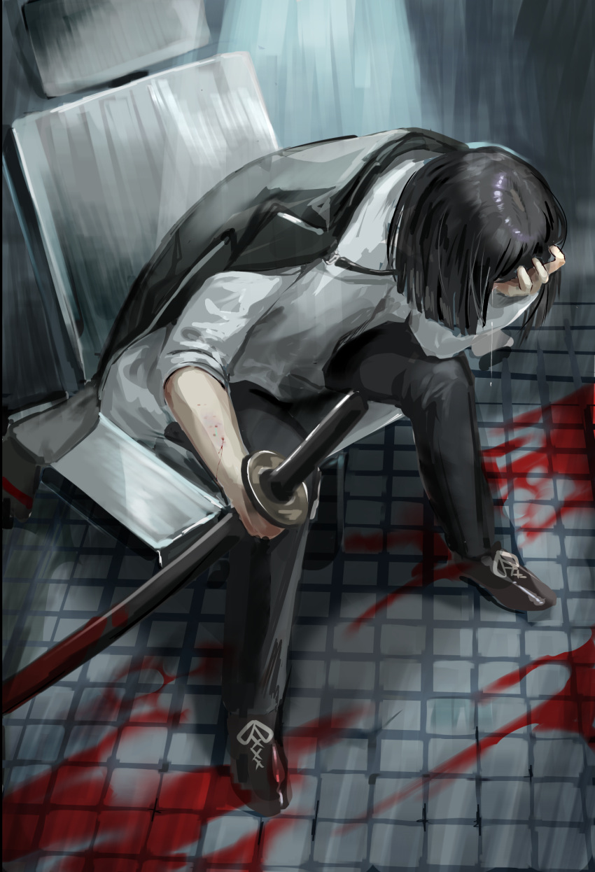 1girl black_coat black_hair black_pants bleeding blood blood_on_ground blood_on_weapon bob_cut brown_footwear bruise chair coat coat_on_shoulders commentary_request crying full_body head_down head_rest highres holding holding_sword holding_weapon injury katana lapels leaning limbus_company long_sleeves na-gyou_(nunumaru) notched_lapels on_chair pants project_moon ryoshu_(limbus_company) scabbard sheath sheathed shirt shoes short_hair sitting sleeve_rolled_up solo sword tears tile_floor tiles weapon white_shirt