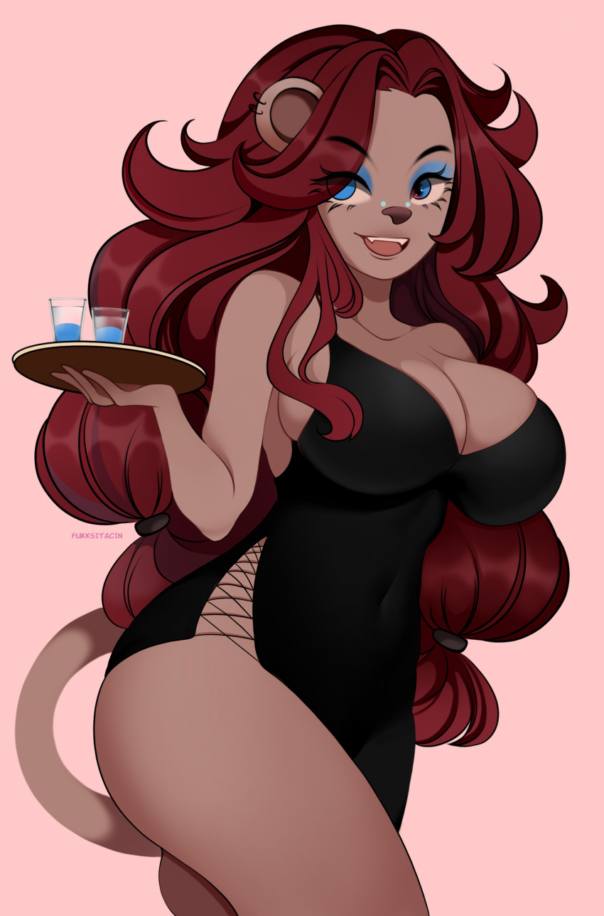anthro big_breasts breasts clothed clothing female fukksitacin hair hi_res overfawning pinup pose red_hair sfw_version solo waiter waitress_uniform ych_(character)