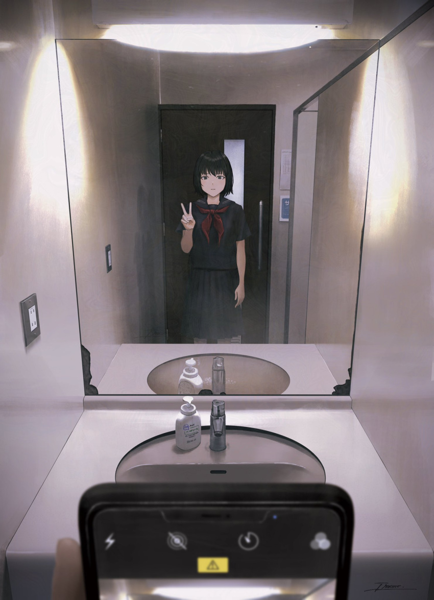 1girl black_eyes black_hair black_sailor_collar black_serafuku black_shirt black_skirt blurry blurry_foreground cellphone closed_mouth commentary cowboy_shot different_reflection expressionless fracoco highres holding holding_phone horror_(theme) indoors looking_at_viewer mirror neckerchief original phone pleated_skirt pov red_neckerchief reflection sailor_collar school_uniform serafuku shirt short_hair short_sleeves sink skirt smartphone solo taking_picture v