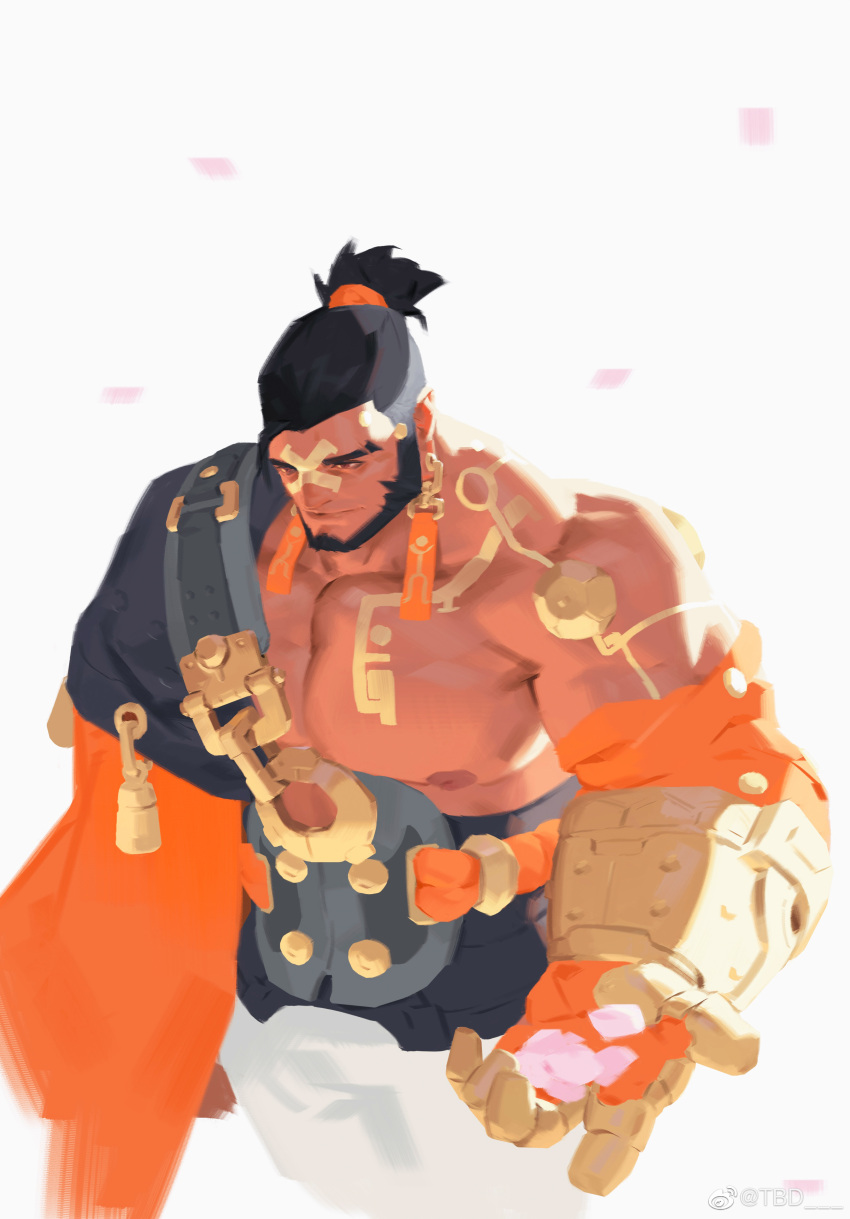 1boy absurdres bara bare_pectorals beard black_hair copyright_request cropped_legs dark-skinned_male dark_skin facial_hair falling_petals from_above high_ponytail highres large_hands large_pectorals male_focus muscular muscular_male nipples pectorals petals qchbtb smile solo thick_eyebrows