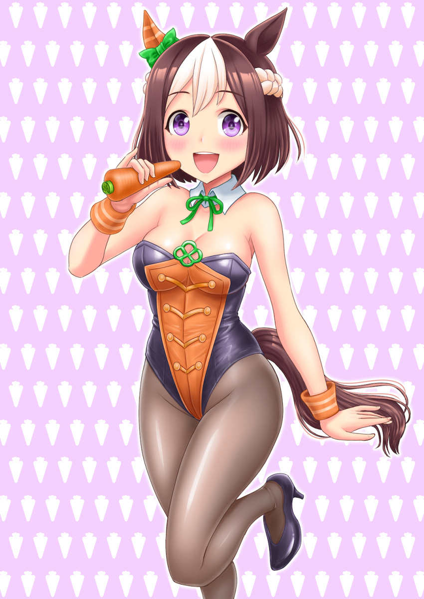 1girl alternate_costume animal_ears aonuma_kiyoharu blush breasts brown_hair carrot carrot_background cleavage commentary_request food hair_between_eyes hair_ornament highres horse_ears horse_tail leg_up looking_at_viewer medium_breasts medium_hair open_mouth playboy_bunny purple_background purple_eyes shoes solo special_week_(umamusume) tail umamusume