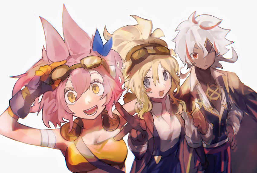 1boy 2girls albaz_(yu-gi-oh!) animal_ears bandeau blonde_hair breasts cape dark_skin duel_monster ecclesia_(yu-gi-oh!) facial_mark fallen_of_albaz fanconi ferret_ears ferret_girl forehead_mark gloves goggles goggles_on_head highres incredible_ecclesia_the_virtuous kitt_(yu-gi-oh!) long_hair medium_breasts multicolored_hair multiple_girls one_eye_closed open_mouth orange_bandeau pink_hair red_eyes red_hair short_hair shorts suspender_shorts suspenders tri-brigade_kitt twintails white_background white_hair yellow_eyes yu-gi-oh!