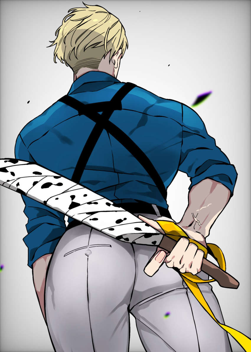 1boy ass blonde_hair blue_shirt collared_shirt from_behind grey_pants highres holding holding_knife holding_weapon jujutsu_kaisen knife male_focus mochiya_(mochiya0504) nanami_kento necktie pants shirt solo undercut weapon yellow_necktie