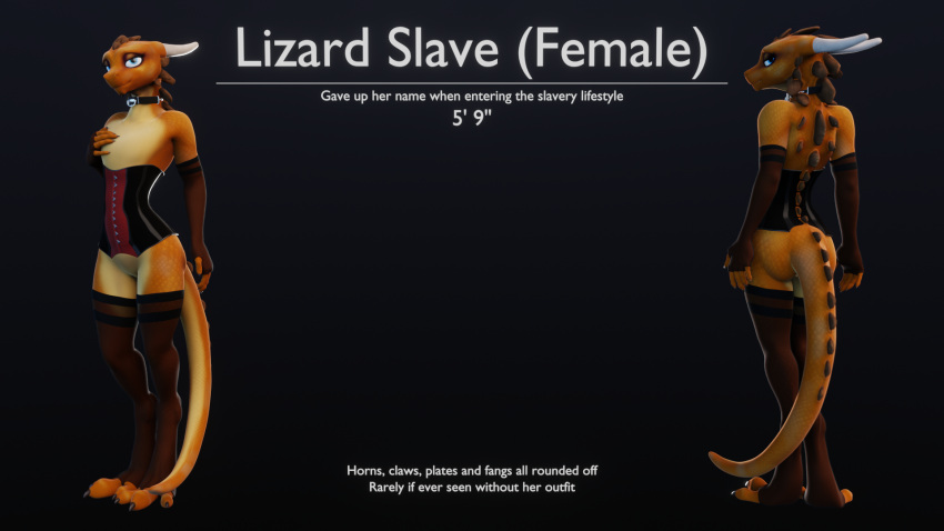 2023 3d_(artwork) anthro biped black_background claws clothing collar corset digital_media_(artwork) english_text flat_chested hi_res horn legwear lingerie multicolored_body orange_body orange_scales reptile ruaidri scales scalie simple_background solo text thigh_highs toe_claws topwear yellow_body