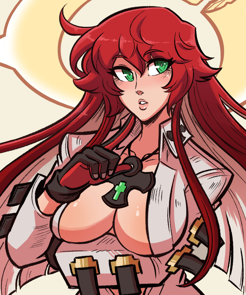 1girl absurdres ankh arm_under_breasts black_gloves bodysuit breast_hold breasts cleavage compass_rose_halo gloves green_eyes guilty_gear guilty_gear_strive halo highres jack-o'_valentine large_breasts long_hair looking_at_viewer mature_female multicolored_hair red_hair scruffyturtles solo two-tone_hair white_bodysuit white_hair