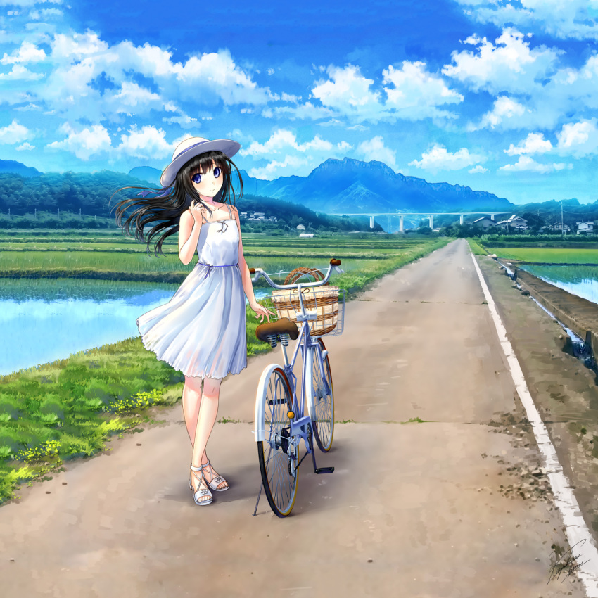 1girl bicycle bicycle_basket black_hair blue_eyes blue_sky breasts building cloud cloudy_sky collarbone commentary_request crossed_legs day dress floating_hair frilled_dress frills full_body grass hand_up highres kazuharu_kina long_hair looking_at_viewer original outdoors pleated_dress rice_paddy road sandals scenery shadow signature sky sleeveless sleeveless_dress small_breasts solo standing strappy_heels sundress toes white_dress white_footwear white_headwear