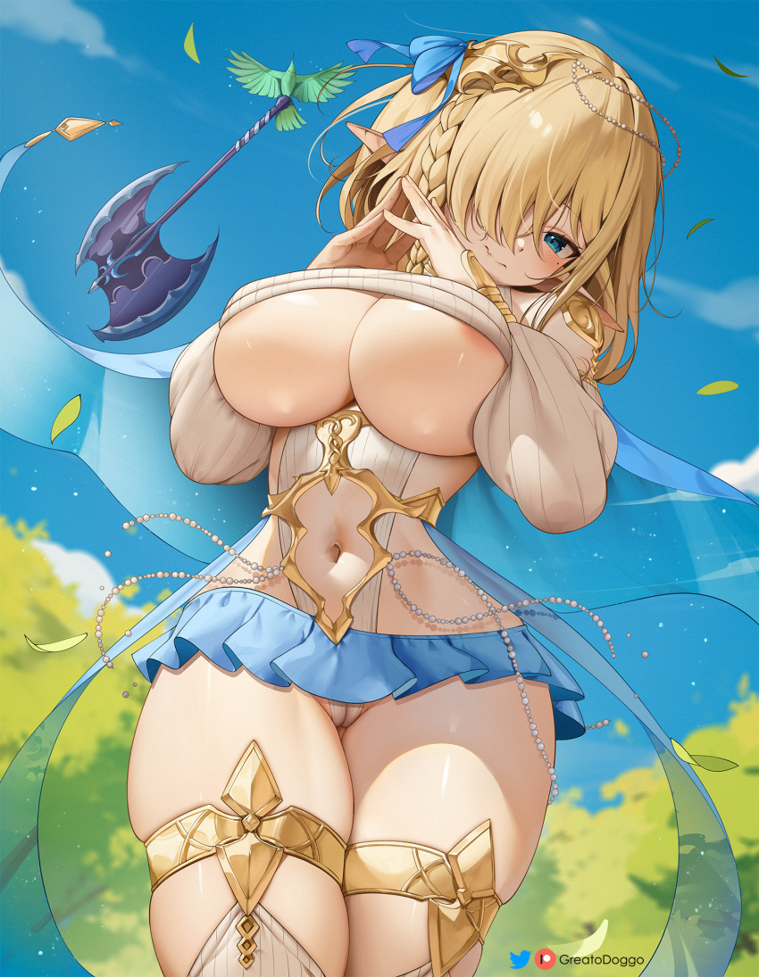 1girl axe bird blonde_hair blue_eyes blush braid breasts cape elf greatodoggo hair_ribbon hands_up highres large_breasts looking_at_viewer microskirt navel original own_hands_together pointy_ears revealing_clothes ribbon short_hair skirt sky smile solo thighhighs thighlet tree twitter_username underboob