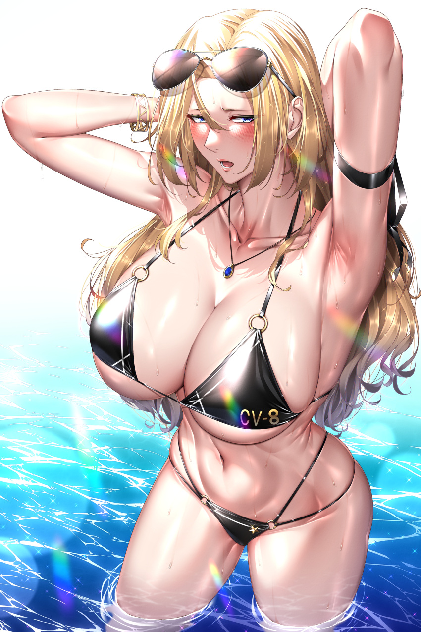 1girl absurdres alternate_costume armpits arms_behind_head arms_up bikini black_bikini blonde_hair blue_eyes eyewear_on_head highres hornet_(kancolle) jewelry kantai_collection kome_cola long_hair multi-strapped_bikini navel necklace o-ring o-ring_bikini o-ring_bottom o-ring_top open_mouth partially_submerged solo standing sunglasses swimsuit