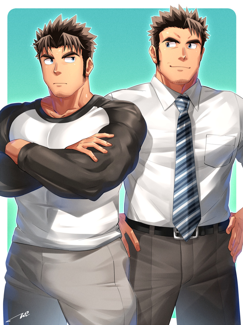 2boys bara black_sleeves blue_eyes brown_hair collared_shirt crossed_arms eye_contact facial_hair father_and_son feet_out_of_frame genki-kun_(tepen) goatee grey_pants highres large_pectorals long_sideburns looking_at_another male_focus mature_male multiple_boys muscular muscular_male necktie original pants pectorals salaryman shirt short_hair sideburns spiked_hair standing stubble tepen_(tptptpn) thick_eyebrows thighs tight_clothes tight_shirt track_pants two-tone_background