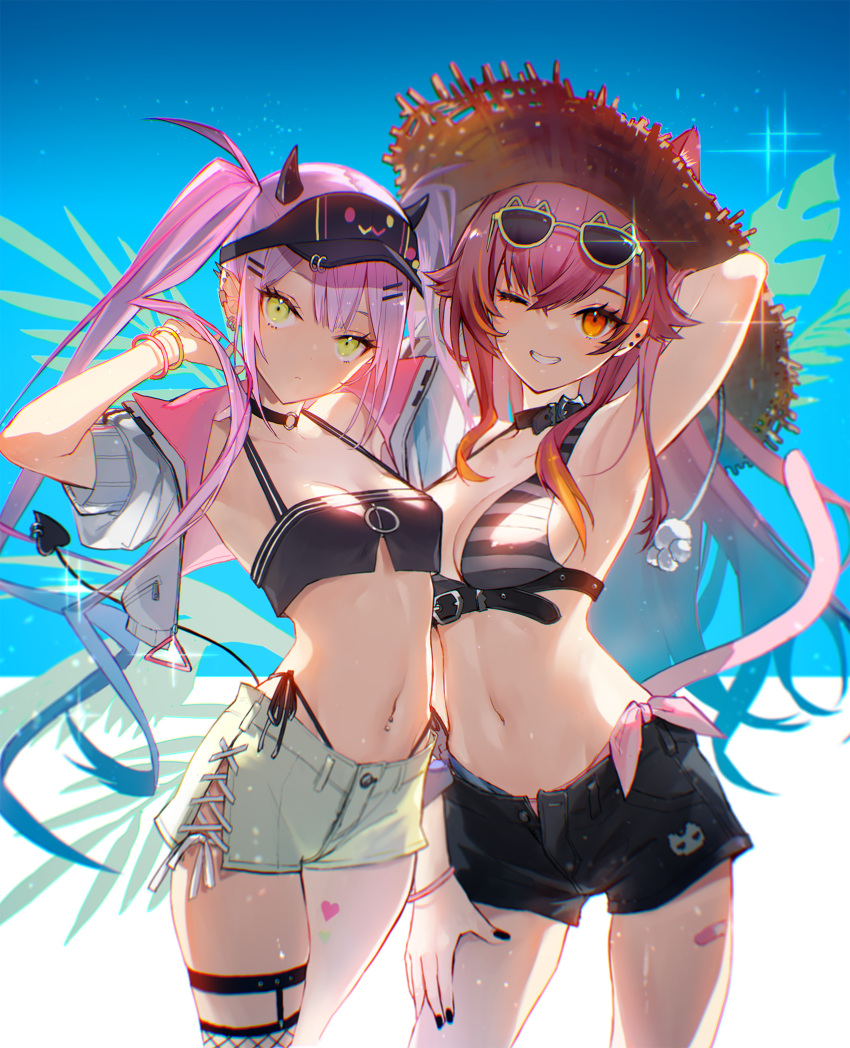 2girls arm_up armpits asymmetrical_legwear bandaid bandaid_on_leg belt bikini black_choker black_collar black_nails blue_background breasts cat-shaped_eyewear choker collar demon_horns demon_tail ear_piercing green_eyes grey_bikini grin hair_ornament hairclip hand_on_own_thigh hat heart highres hololive horns jacket large_breasts long_hair looking_at_viewer making-of_available medium_breasts mismatched_legwear multicolored_hair multiple_girls navel navel_piercing nekota_tsuna o-ring o-ring_choker one_eye_closed orange_eyes orange_hair piercing purple_hair red_hair sai_(saiqun_31) shorts simple_background smile stomach streaked_hair sun_hat swimsuit tail tail_ornament tail_piercing tokoyami_towa virtual_youtuber visor_cap vspo! white_background