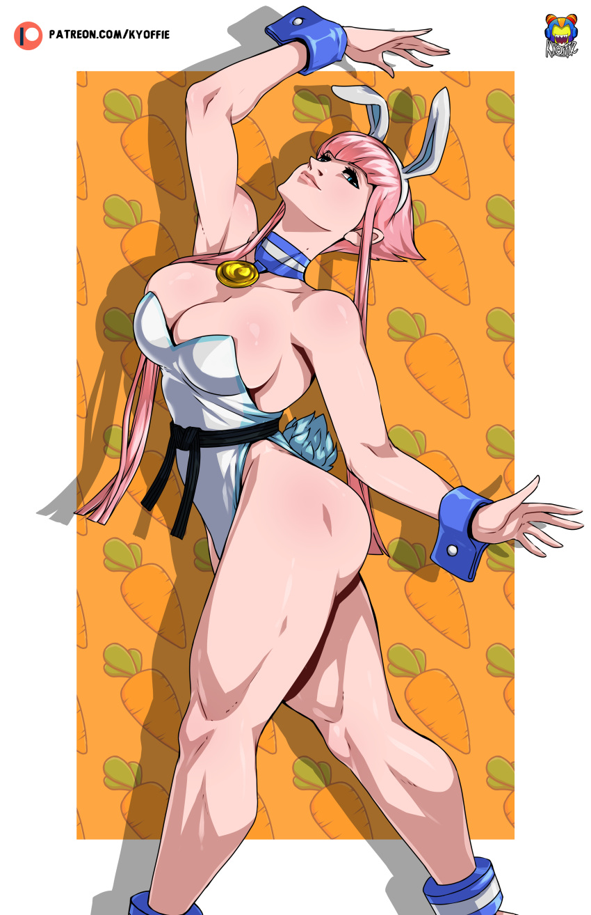 1girl absurdres animal_ears belt black_belt blue_eyes breasts choker cleavage highres hime_cut kyoffie manon_(street_fighter) martial_arts_belt muscular muscular_female pink_hair playboy_bunny rabbit_ears street_fighter street_fighter_6