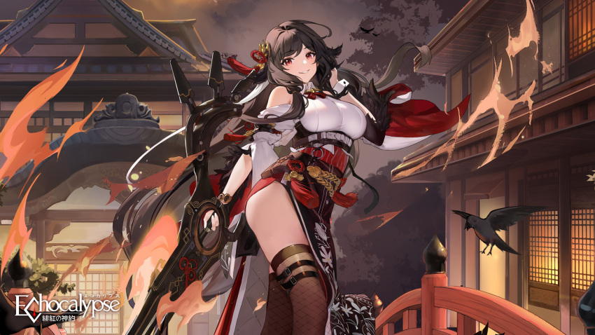 1girl architecture artist_request belt bird black_belt breasts brown_(echocalypse) brown_hair building clothing_cutout east_asian_architecture echocalypse fire fishnet_thighhighs fishnets floral_print high-waist_skirt highres holding holding_weapon large_breasts logo long_hair o-ring official_art pelvic_curtain pouch railing red_eyes red_tassel second-party_source shoulder_cutout single_wrist_cuff skirt solo tassel thigh_belt thigh_strap thighhighs thighs weapon white_wrist_cuffs wrist_cuffs
