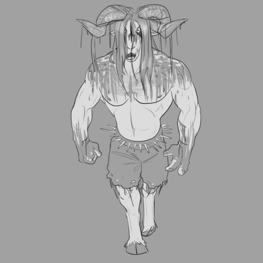 1:1 anthro awarebear bottomwear bovid caprine clothed clothing dripping grey_background hair hooves horn long_hair male mammal monochrome muscular muscular_anthro muscular_male navel nipples shorts simple_background solo spikes topless walking were werecaprine wet