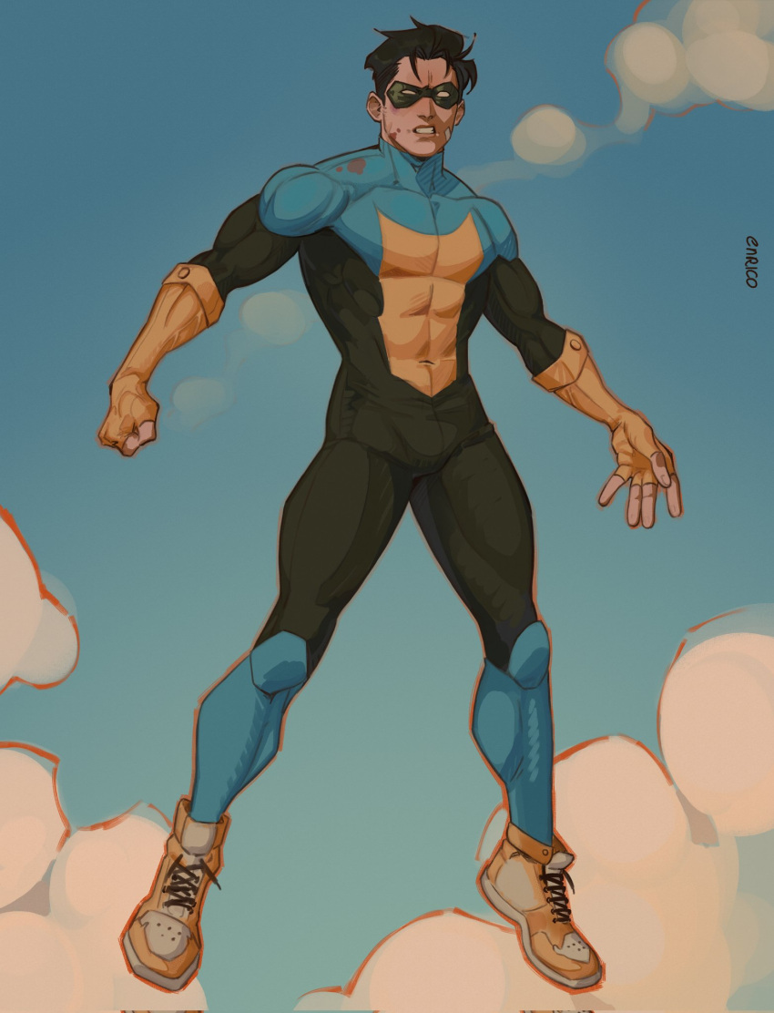 1boy abs bandaid bandaid_on_cheek bandaid_on_face bara black_hair blood blood_on_face blue_sky bodysuit bulge enri_(ceinordraws) eye_mask fingerless_gloves flying full_body gloves highres invincible_(series) male_focus mark_grayson mask multicolored_bodysuit multicolored_clothes muscular muscular_male navel pectorals shoes short_hair skin_tight sky sneakers solo superhero yellow_footwear yellow_gloves