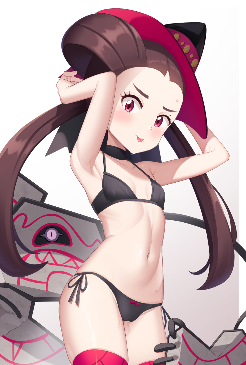 1girl armpits bare_arms bikini black_bikini black_choker black_headwear blush breasts brown_hair choker closed_mouth cowboy_shot earrings eyelashes gazing_eye gradient_background hair_rings hands_up hat highres jewelry long_hair looking_at_viewer mixed-language_commentary navel official_alternate_costume pink_eyes pokemon pokemon_(creature) pokemon_(game) pokemon_masters_ex roxanne_(fall_2023)_(pokemon) roxanne_(pokemon) runerigus side-tie_bikini_bottom smile swimsuit toned tongue tongue_out twintails witch_hat