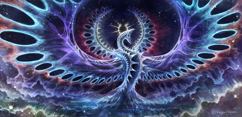 animal commentary_request creature halo highres keselum_(neganeura) monster multiple_wings no_humans open_mouth original oversized_animal scenery signature star_(sky) wings