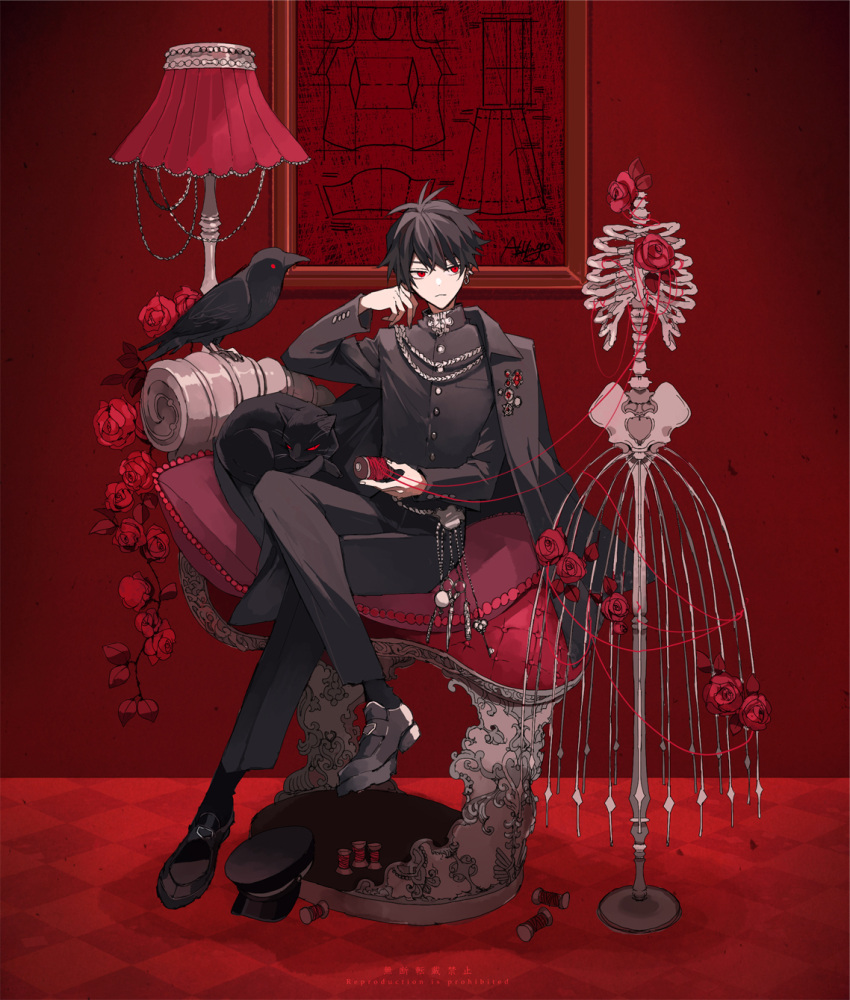 1boy :&lt; aiguillette aki_(abblim) belt bird black_cape black_cat black_hair black_headwear black_jacket black_pants black_socks blueprint_(object) brown_footwear buttoned_cuffs cape cat chair checkered_floor closed_mouth crossed_legs crow earrings elbow_rest expressionless flower gakuran hair_between_eyes hand_up hat hat_removed headwear_removed highres holding jacket jewelry key lamp loafers long_sleeves looking_at_viewer male_focus mannequin original pants peaked_cap picture_frame red_background red_eyes red_flower red_rose rose sanpaku school_uniform scissors shoes short_hair shoulder_cape sideways_glance signature sitting skeleton socks solo spool thread