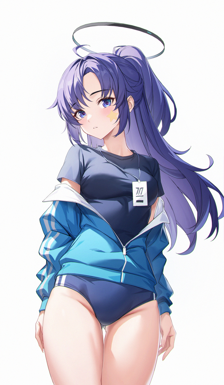 1girl absurdres ahoge akagi_(user_khgu7328) ass_visible_through_thighs black_halo blue_archive blue_buruma blue_eyes blue_hair blue_jacket blue_shirt blush breasts buruma commentary cowboy_shot forehead groin gym_shirt hair_intakes halo high_ponytail highres id_card jacket long_hair long_sleeves looking_at_viewer mechanical_halo medium_breasts off_shoulder parted_bangs parted_lips ponytail puffy_long_sleeves puffy_sleeves shirt simple_background solo star_(symbol) sticker_on_face thick_thighs thigh_gap thighs white_background yuuka_(blue_archive) yuuka_(track)_(blue_archive)