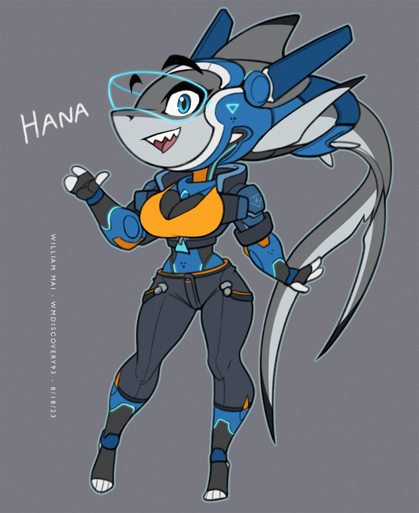 2023 3_fingers anthro artist_name biped blue_eyes character_name cybernetics cyborg dated eyebrows female fingers fish floating_eyebrows grey_background grey_body grey_skin hana_(wmdiscovery93) hi_res looking_at_viewer machine marine open_mouth open_smile outline raised_eyebrows shark sharp_teeth simple_background smile smiling_at_viewer solo standing teeth visor wmdiscovery93
