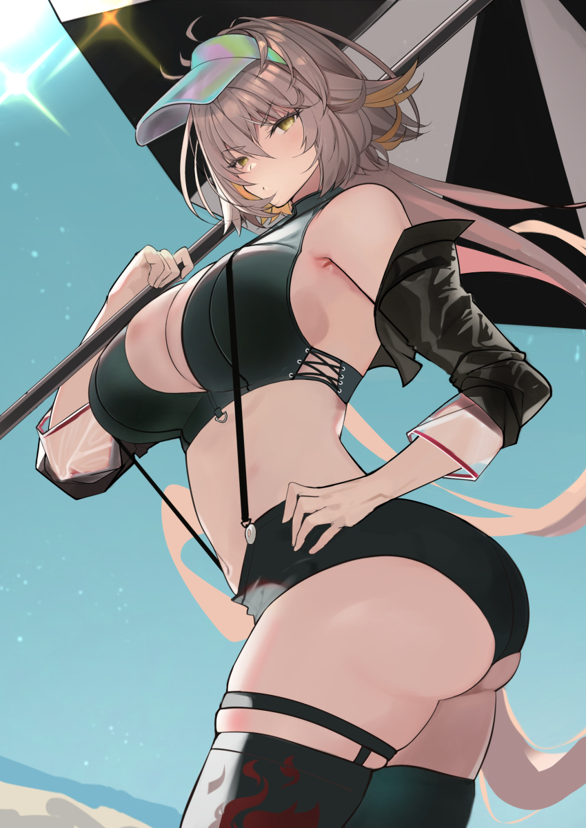 1girl absurdres ass bare_shoulders bikini black_bikini black_jacket black_thighhighs black_vest breasts cleavage cropped_vest fate/grand_order fate_(series) grey_hair hareno_chiame highleg highleg_bikini highres jacket jeanne_d'arc_alter_(avenger)_(fate) jeanne_d'arc_alter_(fate) large_breasts long_hair long_sleeves looking_at_viewer o-ring off_shoulder open_clothes open_jacket solo swimsuit thighhighs thighs umbrella underboob very_long_hair vest visor_cap yellow_eyes