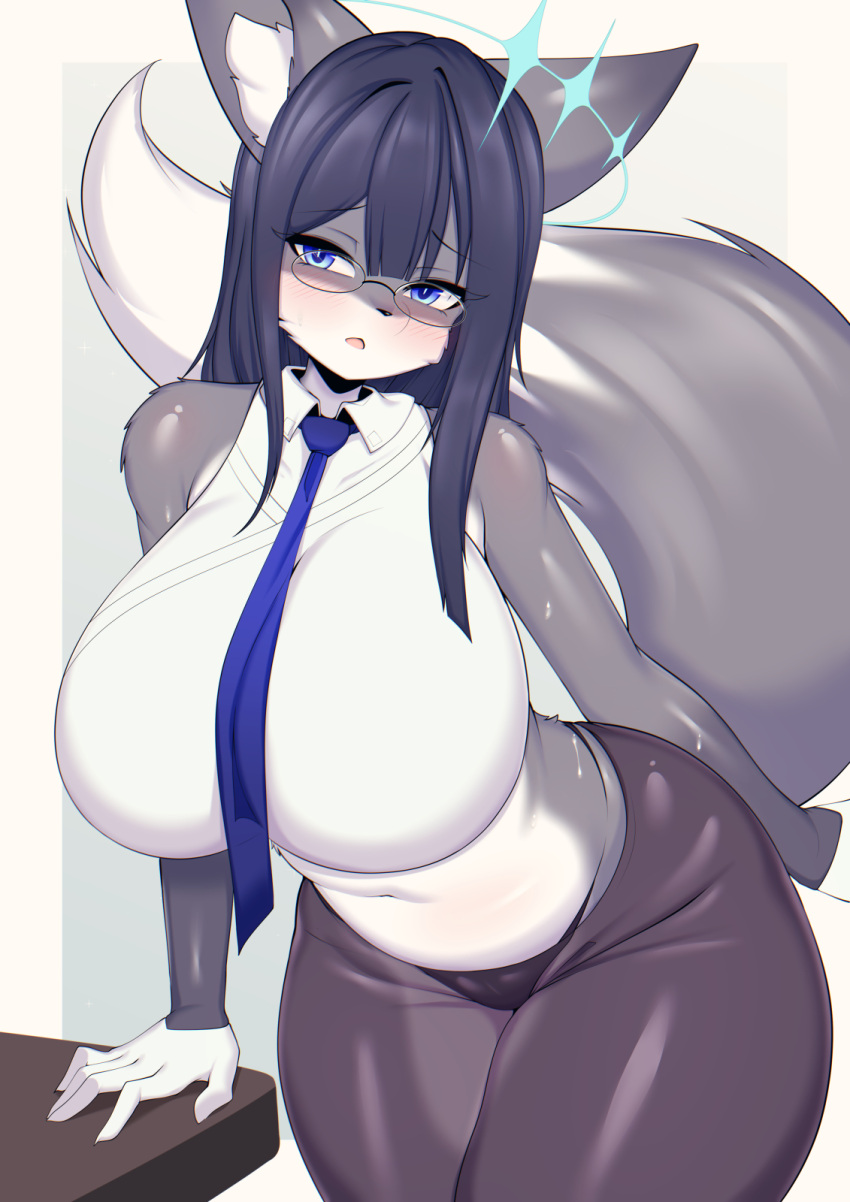 anthro belly big_breasts big_butt black_hair blue_eyes blush blush_lines bottomwear breasts butt canid canine clothing eyewear female fox fur glasses grey_body grey_fur hair hand_on_table hi_res huge_breasts huge_butt huge_thighs hyper hyper_breasts kemono looking_at_viewer mammal midriff multicolored_body multicolored_fur navel necktie open_mouth panties pants shirt slightly_chubby slightly_chubby_anthro slightly_chubby_female solo standing tail tailzkim thick_thighs topwear underwear unknown_character white_body white_fur wide_hips