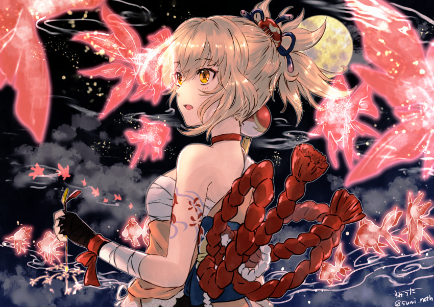 1girl absurdres arm_tattoo bandaged_arm bandages black_gloves blonde_hair chest_sarashi choker fingerless_gloves fireworks fish fish_tattoo flower_tattoo from_side genshin_impact gloves goldfish hadanugi_dousa hair_between_eyes hair_ornament highres holding_fireworks japanese_clothes kimono medium_hair night night_sky orange_kimono ponytail red_choker rope sarashi shimenawa sky solo sparkler sumi_noth tattoo yellow_eyes yoimiya_(genshin_impact)