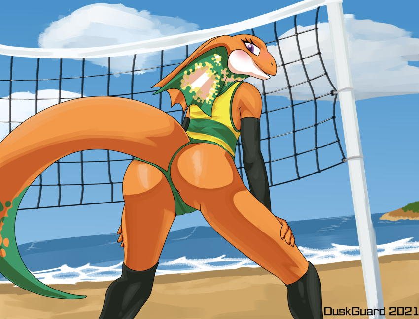 agamid anthro athletic athletic_anthro athletic_female beach blush bottomwear claws clothed clothing duskguard feet female flat_chested frilled_lizard genitals green_clothing green_panties green_underwear hi_res legwear lizard lizzie_(paralympics_australia) looking_at_viewer looking_back mascot net olympics panties reptile royal_australian_mint sand scalie seaside solo sport sports_panties sports_uniform sportswear spread_legs spreading stockings third-party_edit underwear uniform volleyball volleyball_net