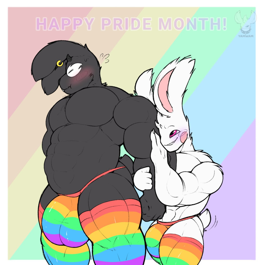 2023 anthro balls big_balls big_bulge black_body blush bulge claws clothed clothing ear_piercing ear_ring embarrassed floppy_ears fluffy fluffy_ears fluffy_tail fur genitals hi_res hugging_arm lagomorph legwear leporid lgbt_pride looking_at_another looking_at_partner male male/male mammal motion_lines multicolored_clothing multicolored_legwear multicolored_underwear musclegut muscular muscular_male ollie_(yamwamm) piercing pride_color_clothing pride_color_legwear pride_color_underwear pride_colors pride_month rabbit rainbow_background rainbow_clothing rainbow_legwear rainbow_underwear ring_piercing sharp_teeth short_tail signature simple_background smile sweat_emanata tail tail_motion tailwag teeth underwear white_body yamwamm zarek_(anxiboi)