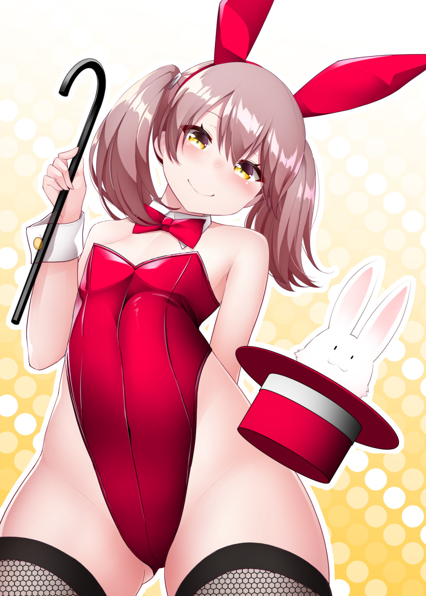 1girl alternate_costume animal_ears ass_visible_through_thighs bare_shoulders bow bowtie brown_eyes brown_hair cane cowboy_shot detached_collar fake_animal_ears fishnet_thighhighs fishnets flat_chest from_below hat hat_removed head_tilt headwear_removed highres kantai_collection kirigakure_(kirigakure_tantei_jimusho) leotard long_hair looking_at_viewer playboy_bunny rabbit rabbit_ears red_bow red_bowtie red_headwear red_leotard ryuujou_(kancolle) smile solo strapless strapless_leotard thighhighs top_hat twintails wrist_cuffs