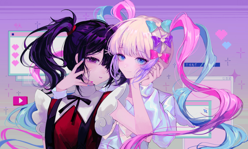 2girls absurdres ame-chan_(needy_girl_overdose) black_hair black_ribbon blonde_hair blue_bow blue_eyes blue_hair blue_nails blue_shirt blunt_bangs blush bow chinese_commentary chouzetsusaikawa_tenshi-chan closed_mouth collared_shirt commentary_request dual_persona glitch hair_bow hair_ornament hair_over_one_eye hair_tie hairclip hand_on_another's_face hand_up hands_up heart heart_hair_ornament highres holding_hands ke_luosi long_hair looking_at_viewer multicolored_hair multicolored_nails multiple_girls nail_polish neck_ribbon needy_girl_overdose parted_lips pink_bow pink_hair pink_nails pixel_heart purple_background purple_bow purple_eyes quad_tails red_shirt ribbon shirt smile suspenders twintails upper_body very_long_hair window_(computing) x_hair_ornament yellow_nails youtube_logo