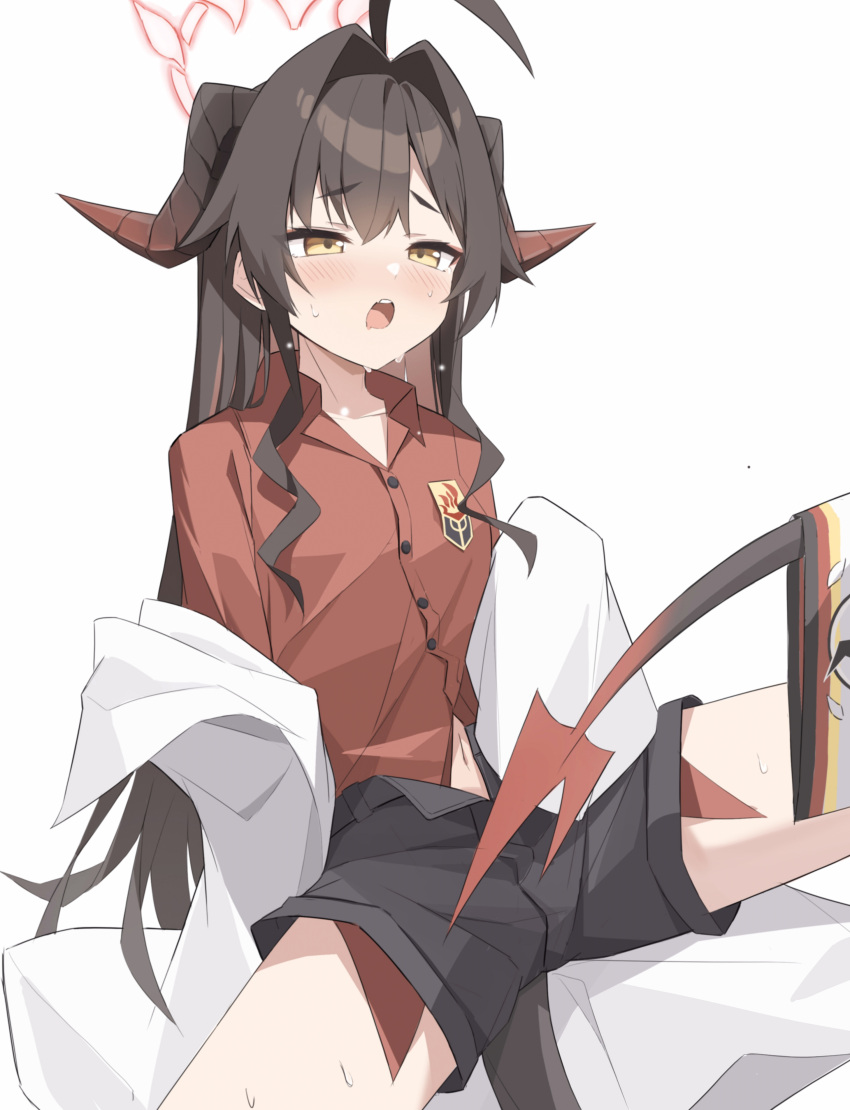 1girl absurdres ahoge black_hair black_horns black_shorts black_tail blue_archive blush breasts chinese_commentary coat commentary_request demon_horns hair_intakes halo highres horns kasumi_(blue_archive) lab_coat long_hair navel open_mouth red_halo red_shirt shasha_(shasha159357) shirt shirt_tucked_in shorts simple_background sleeves_past_fingers sleeves_past_wrists small_breasts solo white_background white_coat yellow_eyes