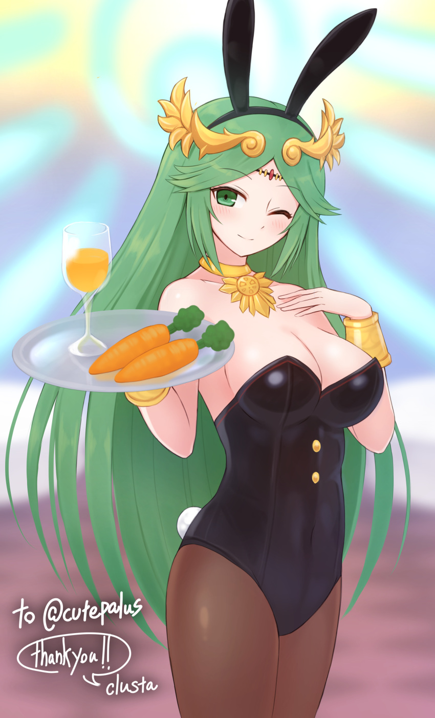 1girl ;) absurdres animal_ears bare_shoulders black_leotard breasts carrot carrot_juice commission commissioner_upload cowboy_shot gold_necklace green_eyes green_hair halo highres holding holding_tray jewelry kid_icarus kid_icarus_uprising large_breasts leotard long_hair looking_at_viewer necklace one_eye_closed palutena pantyhose parted_bangs playboy_bunny rabbit_ears rabbit_tail sidelocks signature skeb_commission smile solo standing suta_(clusta) tail thank_you tray very_long_hair