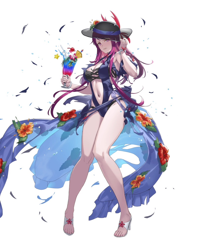 1girl bare_shoulders bracelet breasts cuboon feet fire_emblem fire_emblem_engage fire_emblem_heroes full_body hat highres ivy_(fire_emblem) jewelry legs long_hair medium_breasts non-web_source official_art one-piece_swimsuit purple_eyes purple_hair sandals solo swimsuit toenails toes transparent_background