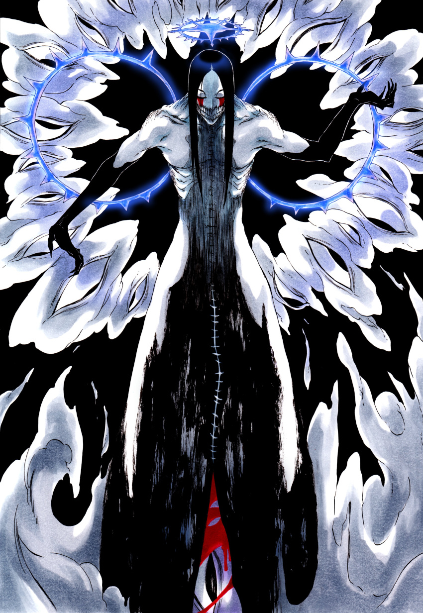 1boy absurdres arm_up as_nodt black_background black_hair bleach bleach:_the_thousand-year_blood_war blood blood_from_eyes claws extra_eyes glowing_halo halo highres horror_(theme) ken'ichi_(ken1ro_u) long_hair male_focus no_feet no_pupils parted_bangs quincy_(bleach) ribs solo spikes sternritter stitched_torso stitches teeth vollstandig wings