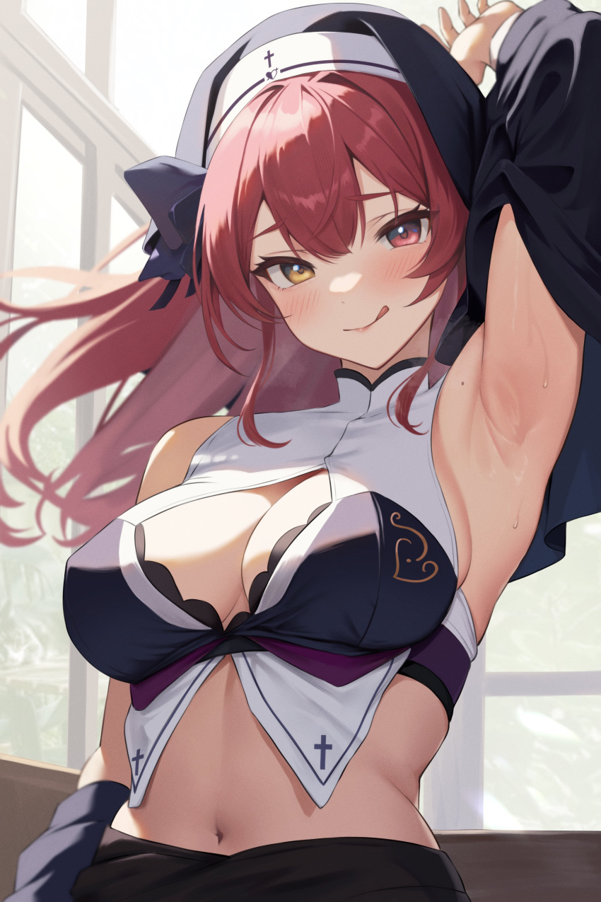 1girl :q absurdres alternate_costume arm_at_side arm_up armpits arrow_through_heart blush breasts closed_mouth coif commentary_request crop_top cross_print day floating_hair hair_between_eyes heterochromia highres hololive houshou_marine houshou_marine_(nun) indoors large_breasts long_hair looking_at_viewer midriff mole mole_on_armpit navel nekorone0222 nun presenting_armpit red_eyes red_hair solo sunlight sweatdrop tongue tongue_out upper_body virtual_youtuber window yellow_eyes