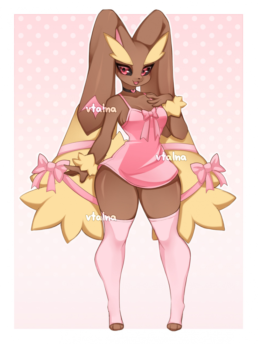 anthro biped brown_body clothed clothing dress female generation_4_pokemon hi_res legwear lopunny nintendo pokemon pokemon_(species) solo standing thigh_highs vtalna1 wide_hips