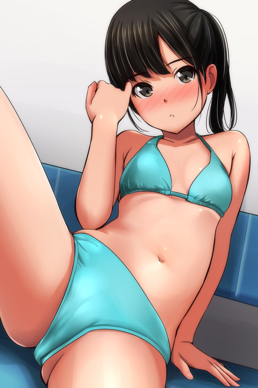 1girl absurdres aqua_bikini arm_support bikini black_hair breasts collarbone cowboy_shot highres looking_at_viewer matsunaga_kouyou medium_hair navel original ponytail sitting small_breasts solo spread_legs swimsuit