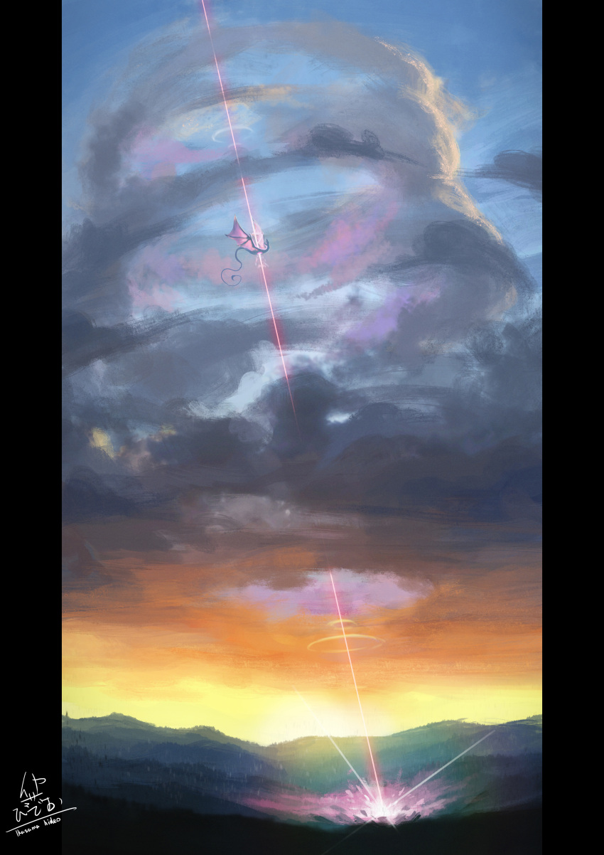 absurdres cloud cloudy_sky commentary_request dragon dragon_wings fantasy highres ikasamahideo mountain no_humans original pillarboxed scenery signature sky western_dragon wings