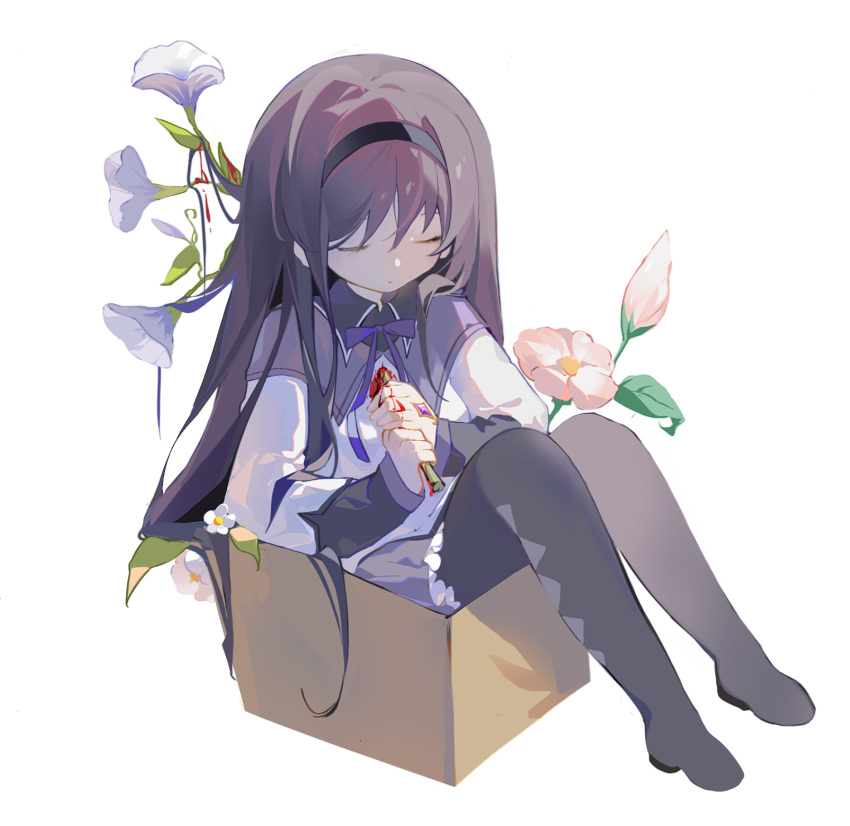 1girl akemi_homura argyle argyle_legwear black_hairband blood blood_on_clothes blood_on_hands boots box capelet cardboard_box closed_eyes expressionless flower full_body hairband highres holding holding_flower impaled in_box in_container jacket knees_up leaf long_hair mahou_shoujo_madoka_magica mahou_shoujo_madoka_magica_(anime) neck_ribbon nekofeiyuuuu pink_flower purple_capelet purple_flower purple_footwear purple_hair purple_skirt ribbon self-harm simple_background sitting skirt solo stab thigh_boots white_background yellow_jacket