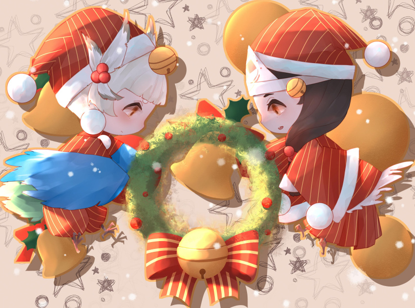 1boy 1girl absurdres bell bird_footprints bird_legs black_hair brown_background brown_eyes chibi christmas christmas_wreath doujo_(onmyoji) full_body hat highres long_hair long_sleeves oguna_(onmyoji) onmyoji pants profile red_headwear red_pants red_skirt santa_costume santa_hat skirt striped striped_headwear striped_pants striped_skirt vertical-striped_headwear vertical-striped_pants vertical-striped_skirt vertical_stripes white_hair wide_sleeves wings yi_er_san