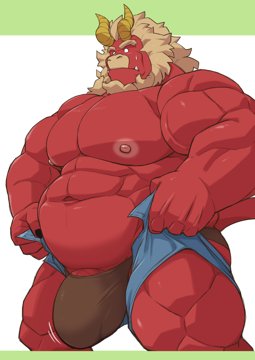 1boy absurdres bara beard big_belly blank_eyes bouncing_bulge brown_male_underwear bulge bulge_lift colored_skin cropped_legs curled_horns demon_boy demon_horns denim denim_shorts dressing facial_hair forked_eyebrows furry furry_male gardie_(otsukimi) highres horns huge_eyebrows huge_pectorals i've_never_seen_a_guy_recreate_this_successfully_tbh_(meme) large_bulge large_pectorals large_penis lion_hair long_hair male_focus male_underwear meme muscular muscular_male nervous_sweating nipples open_pants original otsukimi pants pants_lift pectorals penis penis_peek plump red_skin shorts solo strongman_waist sweat thick_thighs thighs topless_male undersized_clothes underwear