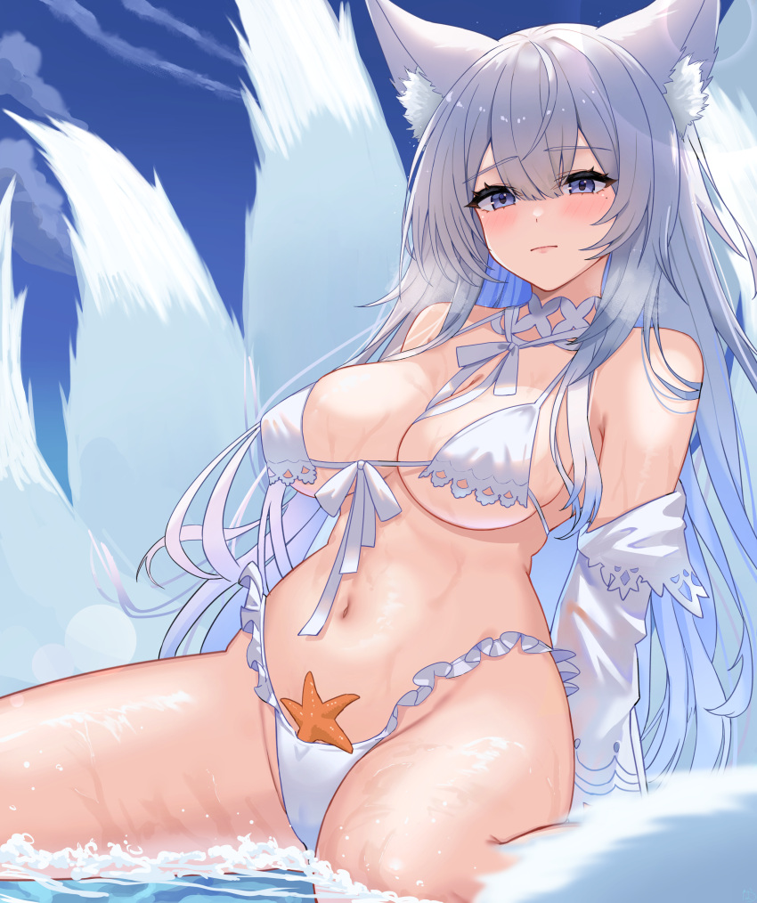 1girl absurdres animal_ear_fluff animal_ears azur_lane bare_shoulders bikini blue_eyes blush breasts closed_mouth fox_ears fox_girl fox_tail highres kuwahara_taiki large_breasts long_hair looking_at_viewer multiple_tails navel off_shoulder official_alternate_costume outdoors shinano_(azur_lane) shinano_(dreamy_white_sands)_(azur_lane) sitting solo starfish stomach swimsuit tail thighs underboob wariza water wet white_bikini white_hair