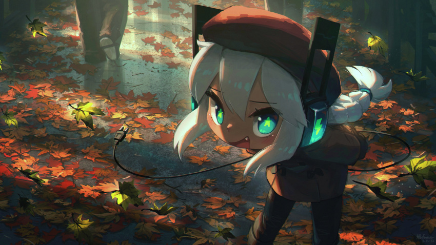 1girl :d absurdres aqua_eyes artist_name autumn autumn_leaves beret braid brown_coat coat commentary dated digitan_(porforever) electric_plug english_commentary fang hair_between_eyes hat headphones highres leaning_forward light_blush lightning_bolt_symbol long_hair looking_at_viewer open_mouth original outdoors porforever single_braid smile solo_focus star-shaped_pupils star_(symbol) symbol-shaped_pupils tail white_hair