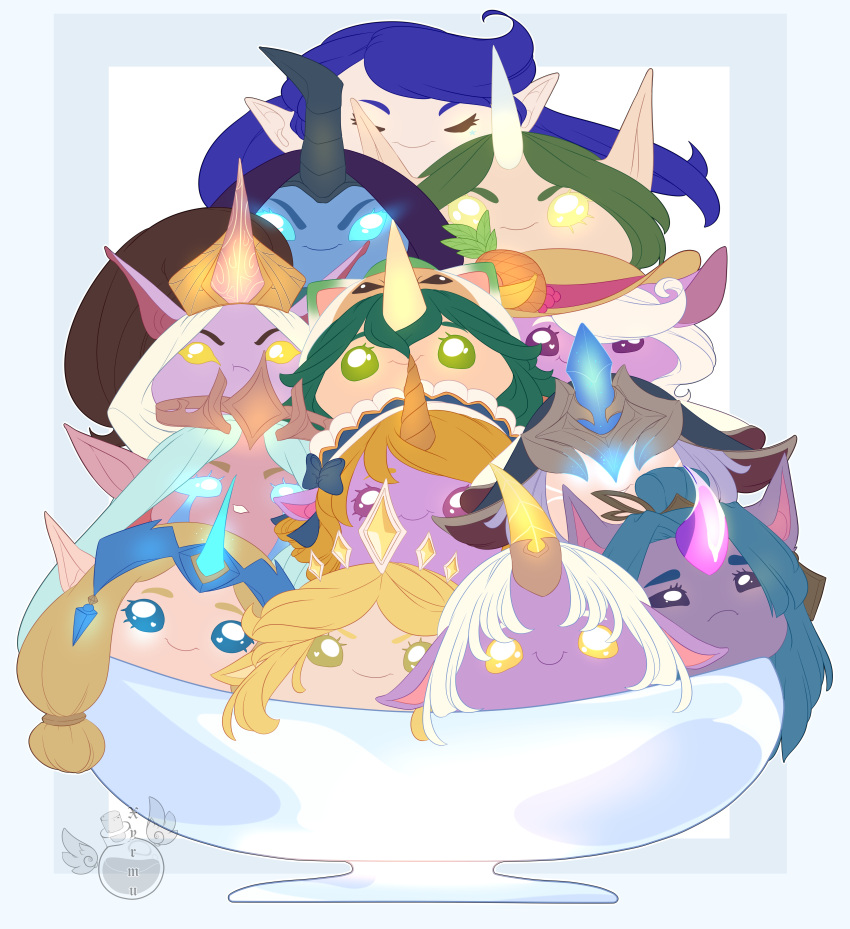 2023 absurd_res alternate_costume blonde_hair blue_hair bowl chibi container curved_horn dessert female food green_hair group hair hi_res horn ice_cream iridescent_eyes league_of_legends long_hair purple_body purple_skin riot_games simple_background soraka watermark white_hair xyrmu