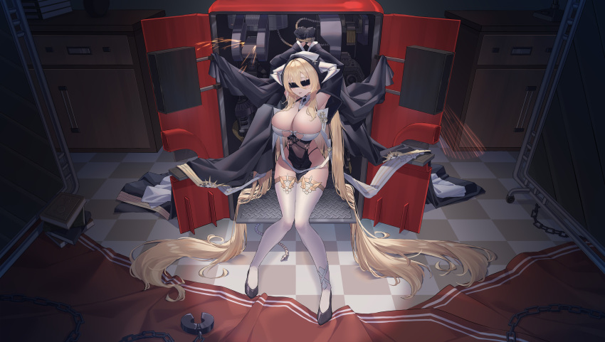 1girl absurdly_long_hair absurdres arms_behind_head arms_up atomic_heart azur_lane bare_shoulders black_blindfold black_footwear black_gloves blindfold blonde_hair book book_stack bound bound_wrists breast_cutout breasts chain checkered_floor cleavage crossover cuffs fake_horns full_body gloves habit hair_between_eyes half_gloves halo highres horns huge_breasts implacable_(azur_lane) indoors jfzm001 long_hair looking_at_viewer nora_(atomic_heart) nun pelvic_curtain red_carpet red_eyes restrained revealing_clothes shackles shoes solo thighhighs veil very_long_hair white_horns white_thighhighs