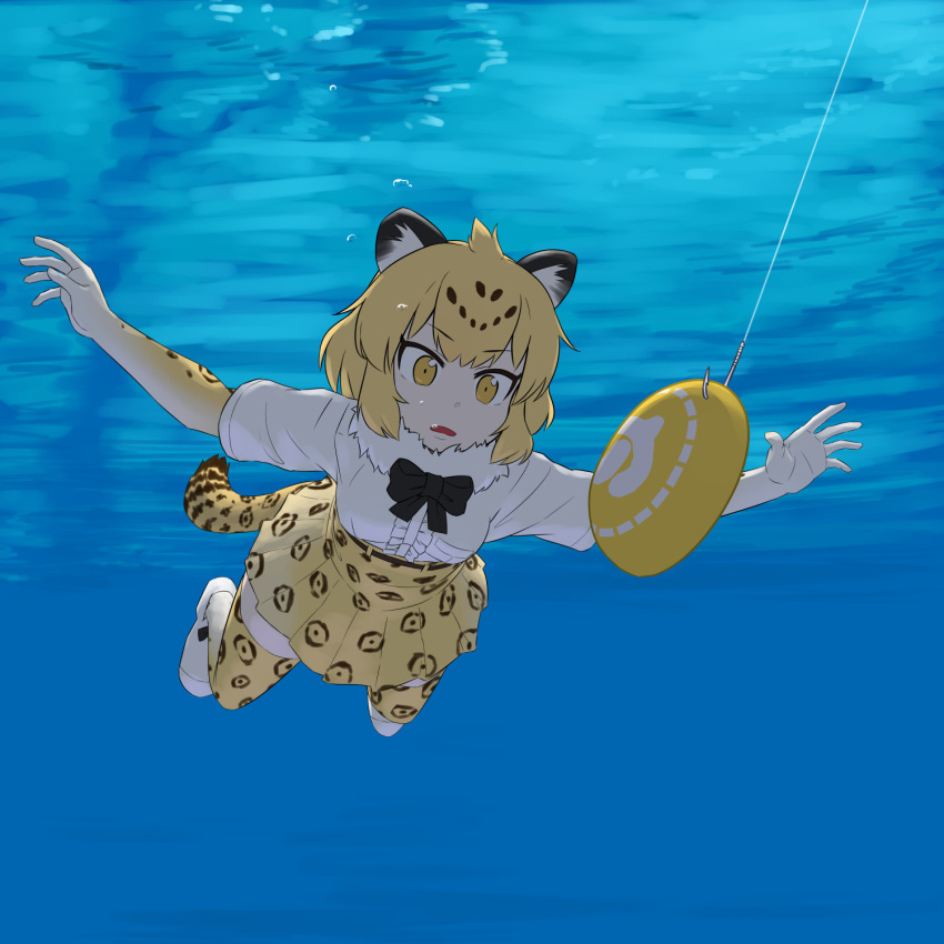 1girl air_bubble animal_ears animal_print arms_up belt black_hair blonde_hair bow bowtie bubble center_frills colored_inner_hair day double-parted_bangs fishing_hook fishing_line food freediving frills full_body fur_collar high-waist_skirt highres jaguar_(kemono_friends) jaguar_ears jaguar_girl jaguar_print jaguar_tail japari_bun kemono_friends looking_at_food looking_at_object medium_hair miniskirt multicolored_hair nevermind outdoors outstretched_arms parody print_skirt print_thighhighs shirt shirt_tucked_in shoes short_sleeves skirt sokushinbutsu solo spread_arms swimming tail thighhighs two-tone_hair underwater white_footwear white_shirt