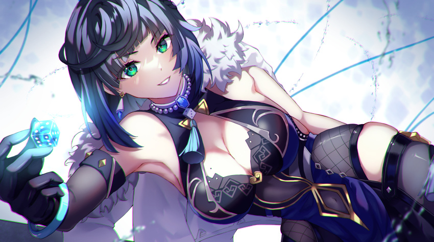 1girl bare_shoulders black_gloves black_hair blue_hair breasts cleavage cleavage_cutout clothing_cutout covered_navel dice elbow_gloves fur-trimmed_jacket fur_trim genshin_impact gloves gradient_hair highres jacket jewelry large_breasts looking_at_viewer mole mole_on_breast multicolored_hair navel navel_cutout neck_tassel necklace parted_lips pearl_necklace pelvic_curtain single_elbow_glove smile solo studded_armlet teeth thread wanatsu_15 white_jacket yelan_(genshin_impact)