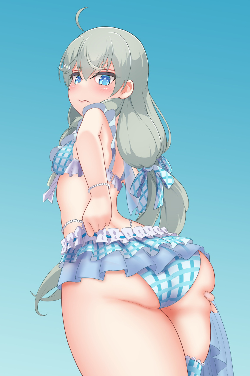 1girl absurdres adjusting_clothes adjusting_swimsuit ahoge arched_back arm_behind_back ass assault_lily bare_arms bare_shoulders bikini blue_bikini blue_eyes blue_ribbon blue_sky blush bracelet breasts bridal_garter closed_mouth commentary day frilled_bikini frills from_behind from_below grey_hair hair_between_eyes hair_ribbon hand_on_own_ass highres jewelry kanabako_misora long_hair looking_at_self looking_down low_twintails official_alternate_costume outdoors pearl_bracelet plaid plaid_bikini plaid_ribbon ribbon sky small_breasts solo standing swimsuit twintails ueharu very_long_hair wavy_mouth
